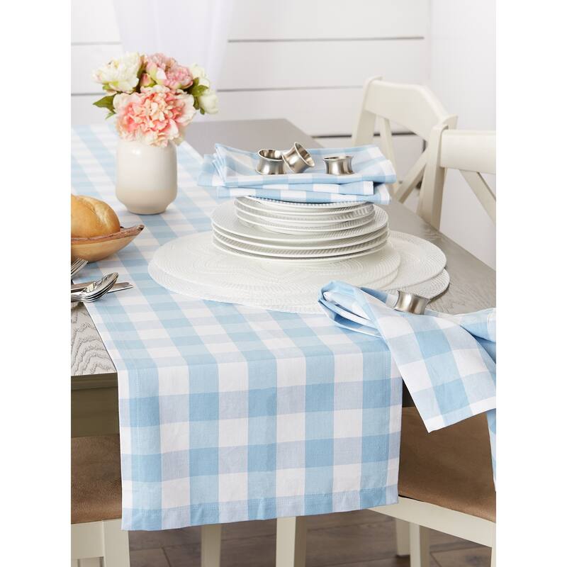 DII Buffalo Check Tabletoppers, 14x72", White & Light Blue, 1 Piece - 14x72"