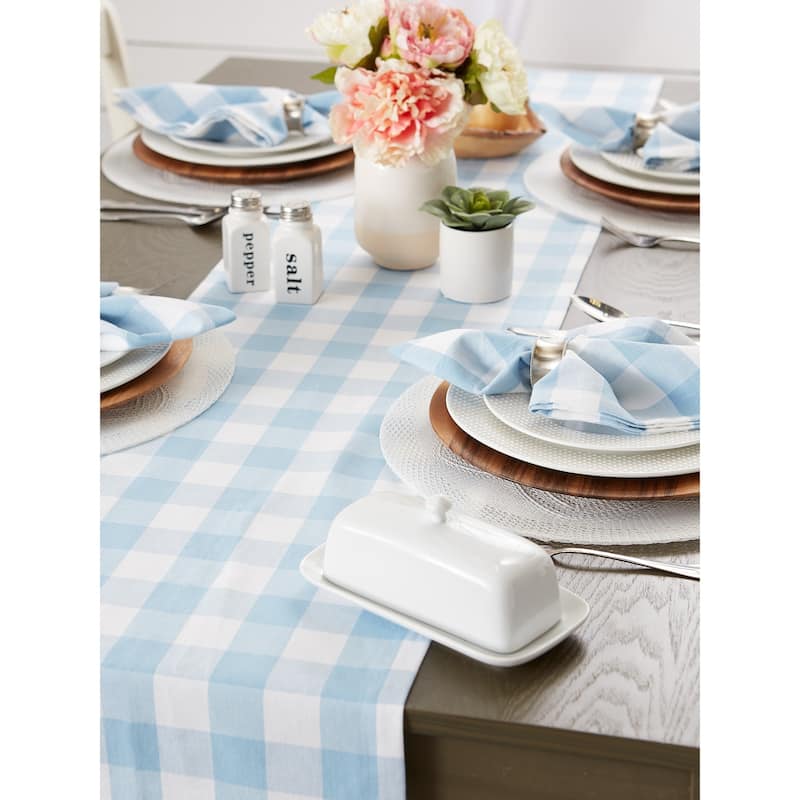 DII Buffalo Check Tabletoppers, 14x72", White & Light Blue, 1 Piece - 14x72"