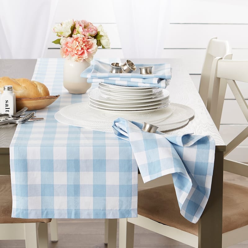 DII Buffalo Check Tabletoppers, 60x120", White & Light Blue, 1 Piece