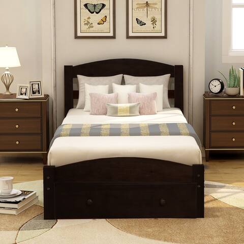 Platform Twin Bed Frame with Storage Drawer and Wood Slat