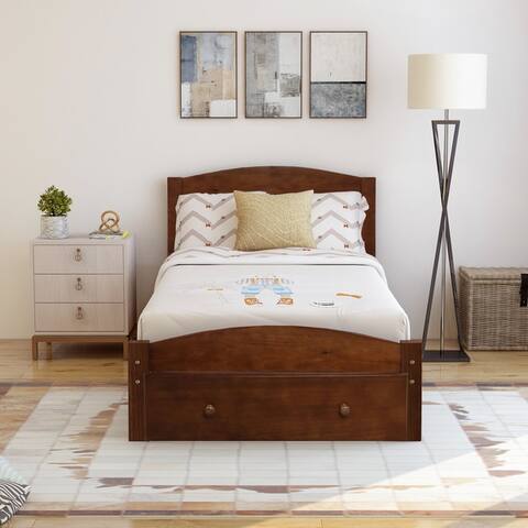Platform Twin Bed Frame with Storage Drawer and Wood Slat