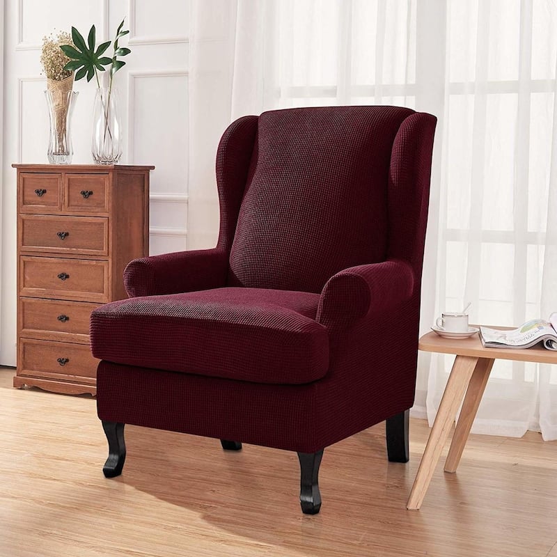 Enova Home Elegant Super Stretch Jacquard Spandex Fabric T-Cushion Wingback Chair Slipcover with Cushion Cover - N/A - Wine