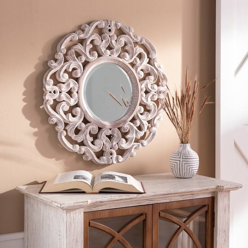 Livabliss Sera Round White Washed Scroll Mirror - 24" x 24"