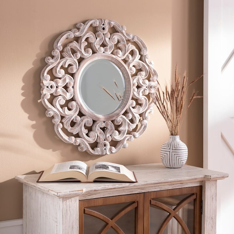 Artistic Weavers Sera Round White Washed Scroll Mirror - 24" x 24" - Tan