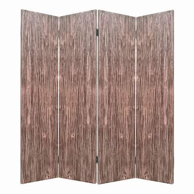 Textured and Bark Designed Wooden 4 Panel Room Divider , Natural Brown