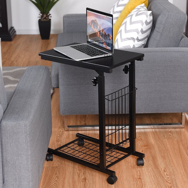 Porch & Den Mitchum Black Steel Rolling Adjustable C-shaped End Table