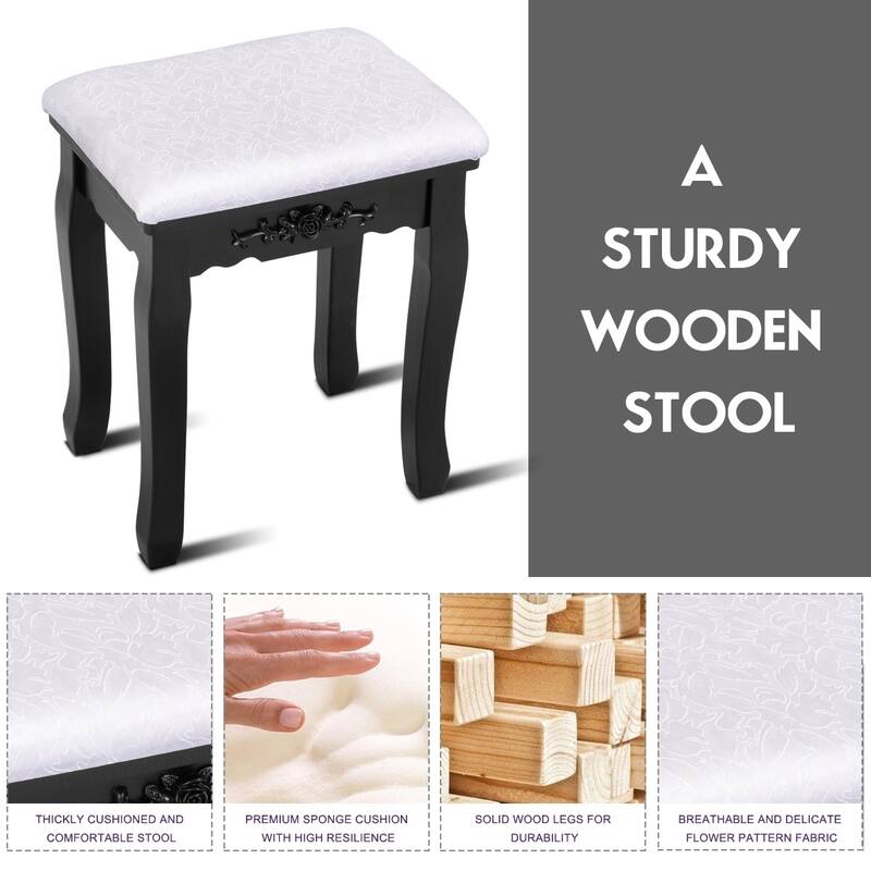 Vanity Table Mirror & 4 Drawers Modern Dressing Desk Cushioned Stool