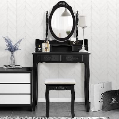Vanity Table Mirror & 4 Drawers Modern Dressing Desk Cushioned Stool