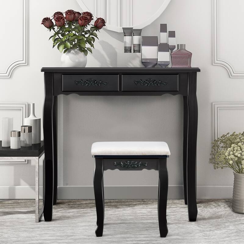 Vanity Table Mirror & 4 Drawers Modern Dressing Desk Cushioned Stool