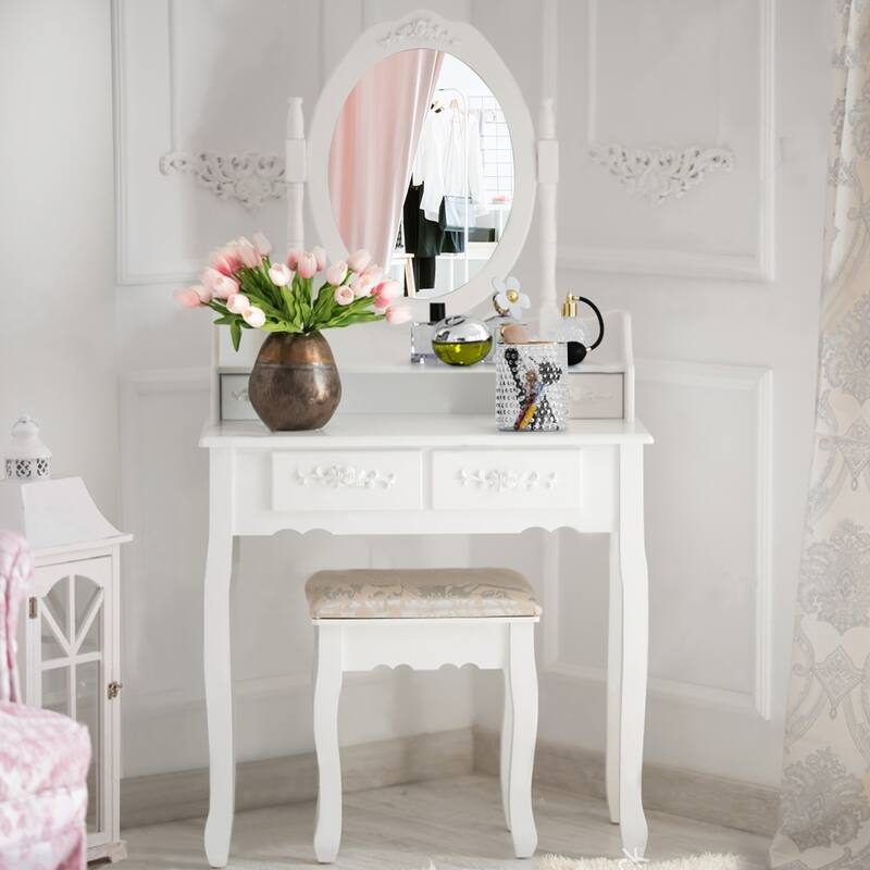Vanity Table Mirror & 4 Drawers Modern Dressing Desk Cushioned Stool