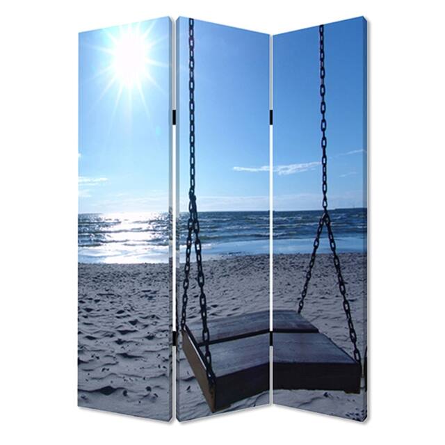 Wooden 3 Panel Room Divider with Seaside Screen Pattern, Blue and Gray
