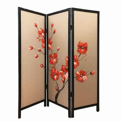 3 Panel Wooden Screen with Hand painted Fabric Design, Red and Brown