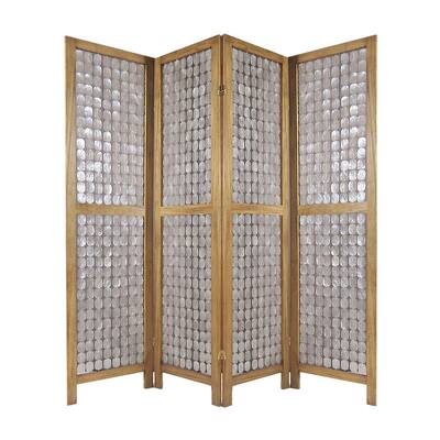 Royal 4 Panel Mango Wood Screen with Capiz Shell Decor, Brown
