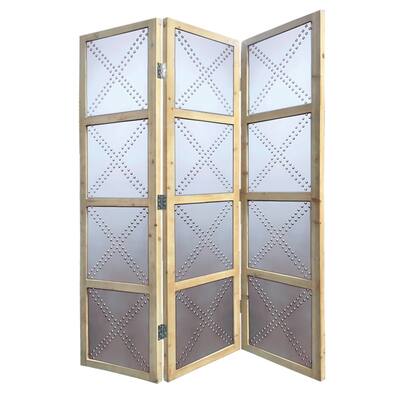 Contemporary 3 Panel Screen with Wood Frame & Nailhead Trim Design, Gray