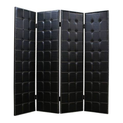 Wooden 4 Panel Screen with Button Tufting and Nailhead Trims, Black