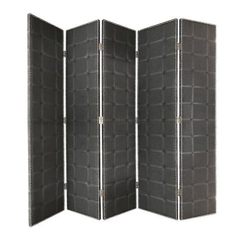 Modern Style 5 Panel Screen with Faux-Leather Button Tufting, Black