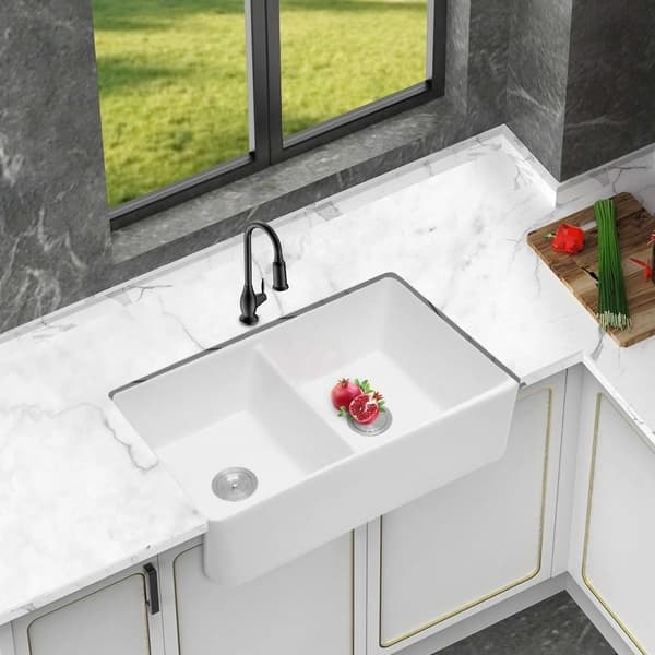 32 L X 20 W Double Basin Farmhouse Fireclay Kitchen Sink With Apron Front Overstock 30564047