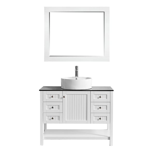 Modena 42" Vanity in White with Glass Countertop with White Vessel Sink With Mirror