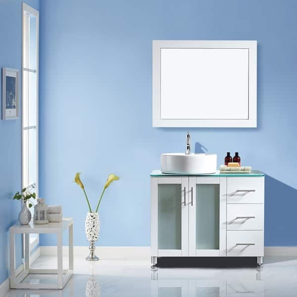 Shop Tuscany 36 Vanity In White With Glass Countertop With White Vessel Sink With Mirror Overstock 30566774