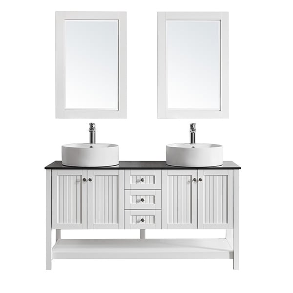 Modena 60" Double Vanity in White with Glass Countertop with White Vessel Sink With Mirror