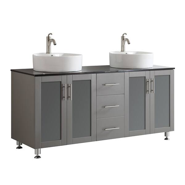 Shop Tuscany 60 Double Vanity In Grey With White Vessel Sink With Glass Countertop Without Mirror Overstock 30566832