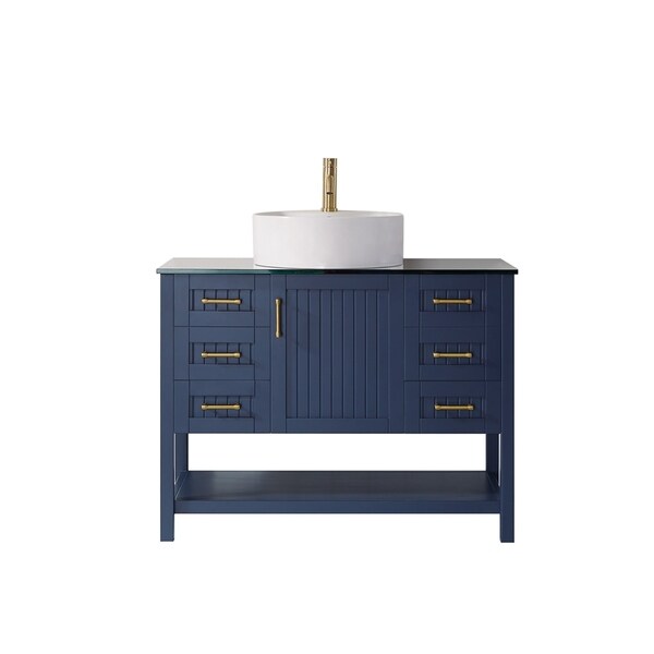 Modena 42" Vanity in Royal Blue with Glass Countertop with White Vessel Sink Without Mirror