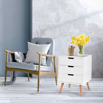 White Nightstand End Table with 3 Drawers Accent Wood Furniture