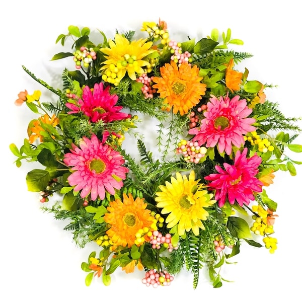 Pink/Yellow/Orange Artificial Gerber Daisy Wreath on