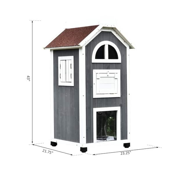 Pawhut Solid Wood Cat House Condos Natural Water Proof Outdoor 2-floor 