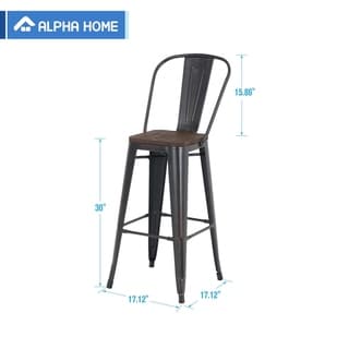 Alpha Home 30 High Back Bar Stools with Wood Seat,Vintage Metal Dining Chairs Stackable Industrial Counter Stool (Black+Brush Rusty Gold)
