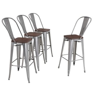 Alpha Home 30 High Back Bar Stools with Wood Seat,Vintage Metal Dining Chairs Stackable Industrial Counter Stool (Glossy Steel)