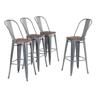 Alpha Home 30 High Back Bar Stools with Wood Seat,Vintage Metal Dining Chairs Stackable Industrial Counter Stool (Glossy Pearl Ash)