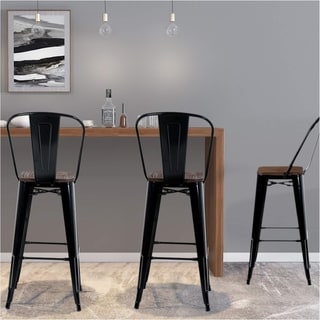 Alpha Home 30 High Back Bar Stools with Wood Seat,Vintage Metal Dining Chairs Stackable Industrial Counter Stool (Glossy Black)