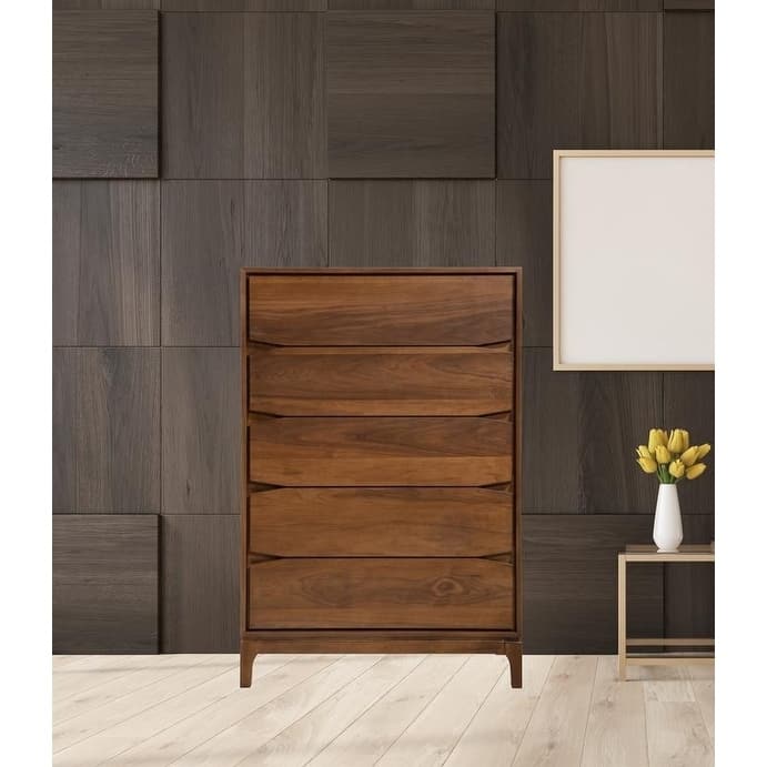 Mid Century Chest 5 Drawer Solid Wood In Walnut