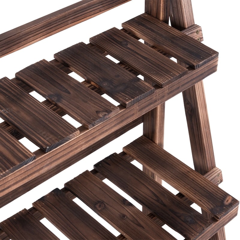 3-Tier Folding Garden Wooden Flower Plant Pot Display Rack - N/A