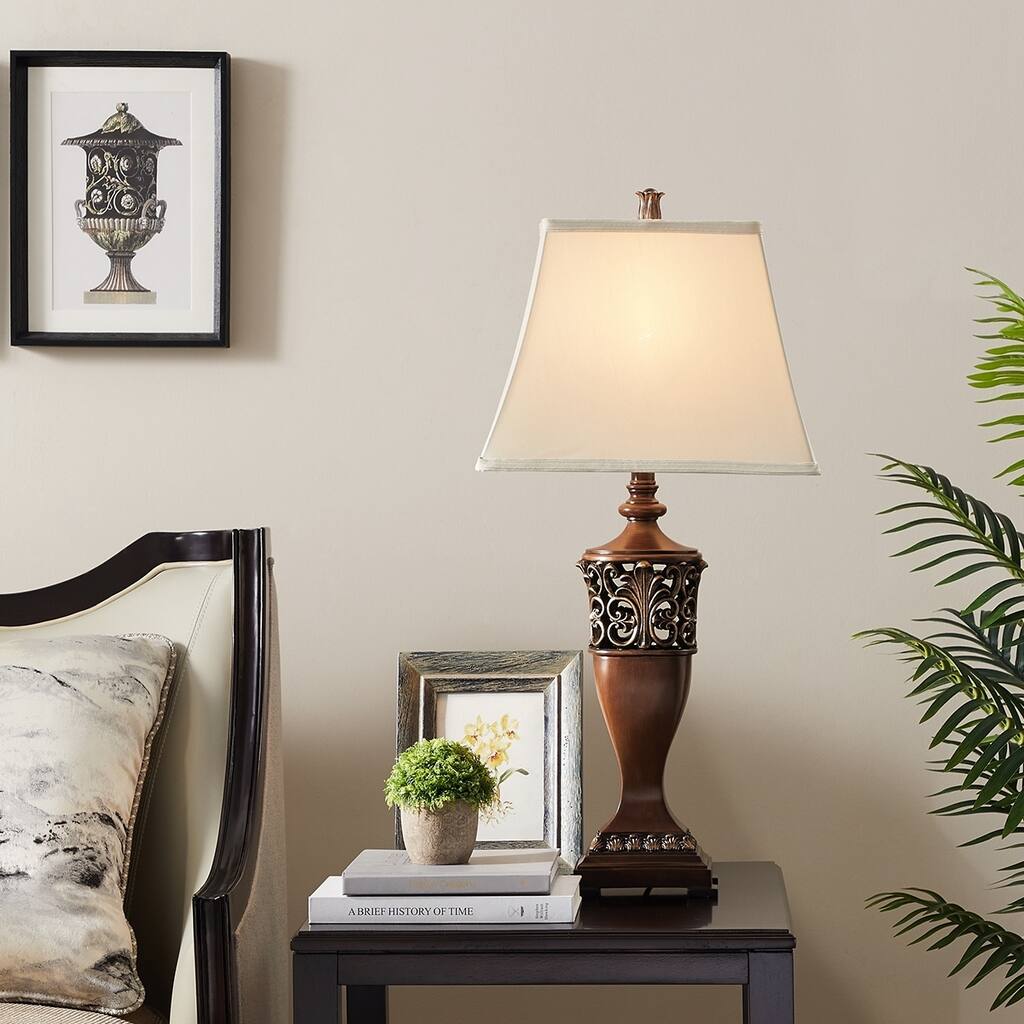 Traditional Table Lamps Set of 2 Two Leaf Linen Rectangular Bell Shade