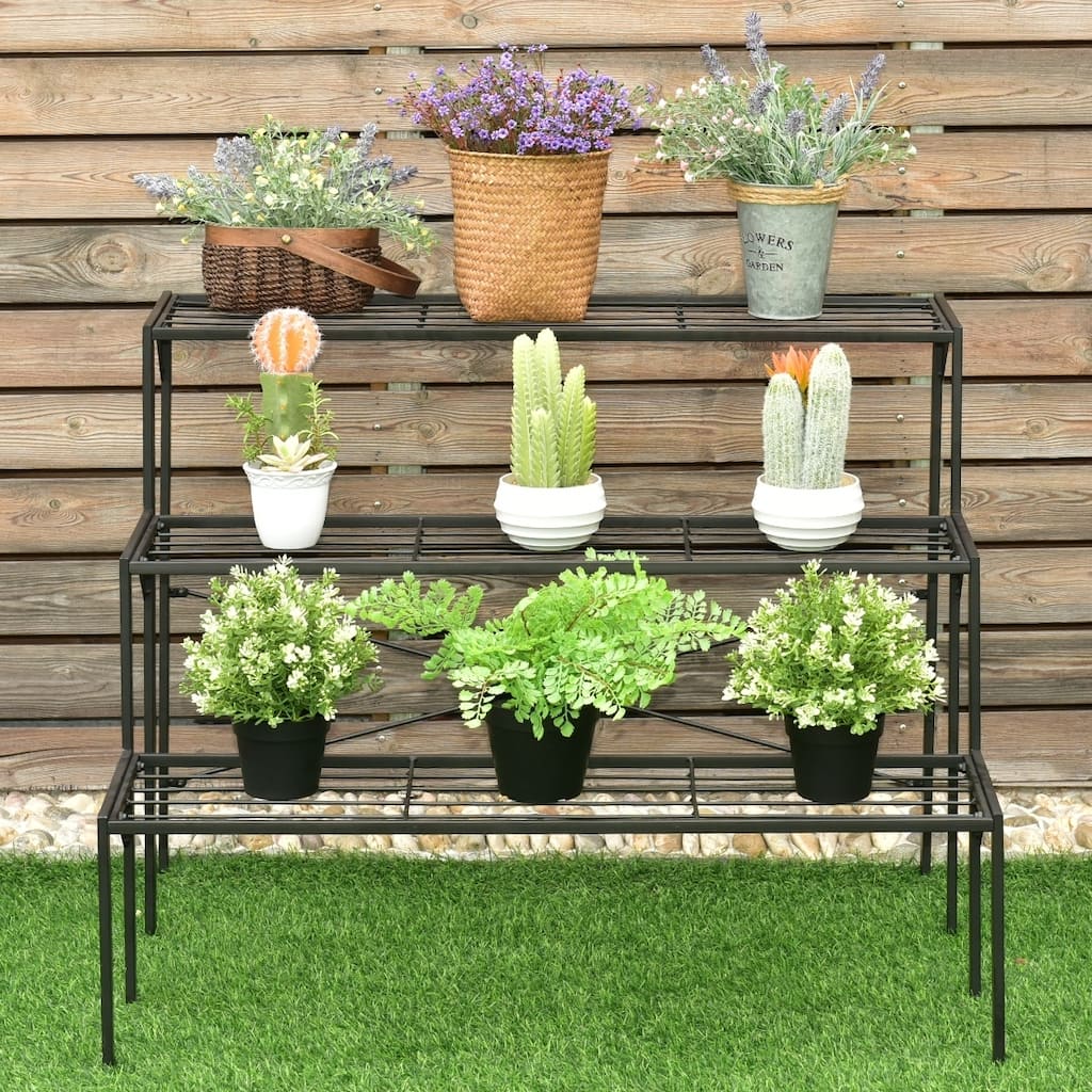 3-Tier Metal Flower Plant Shelf Stand Display Rack Black