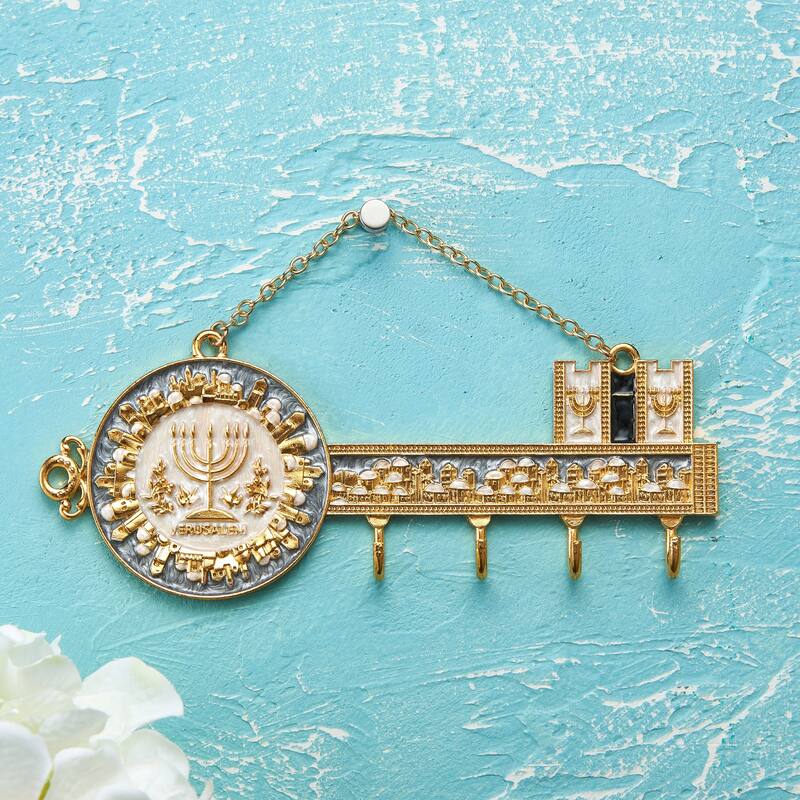 Matashi Hand-Painted Grey and Ivory Enamel Menorah Jerusalem Cityscape Design Decorative Hanging Wall Hooks Bedroom Decor