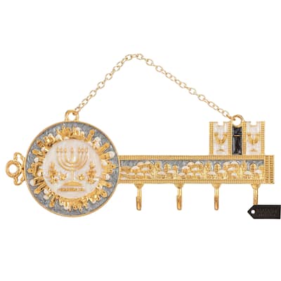 Matashi Hand-Painted Grey and Ivory Enamel Menorah Jerusalem Cityscape Design Decorative Hanging Wall Hooks Bedroom Decor