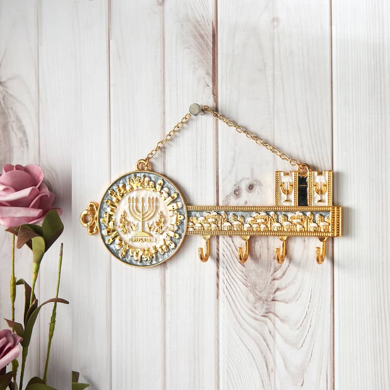Matashi Hand-Painted Grey and Ivory Enamel Menorah Jerusalem Cityscape Design Decorative Hanging Wall Hooks Bedroom Decor