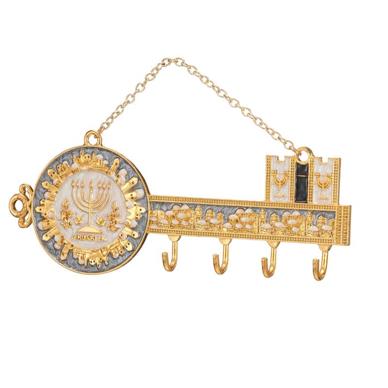 Matashi Hand-Painted Grey and Ivory Enamel Menorah Jerusalem Cityscape Design Decorative Hanging Wall Hooks Bedroom Decor