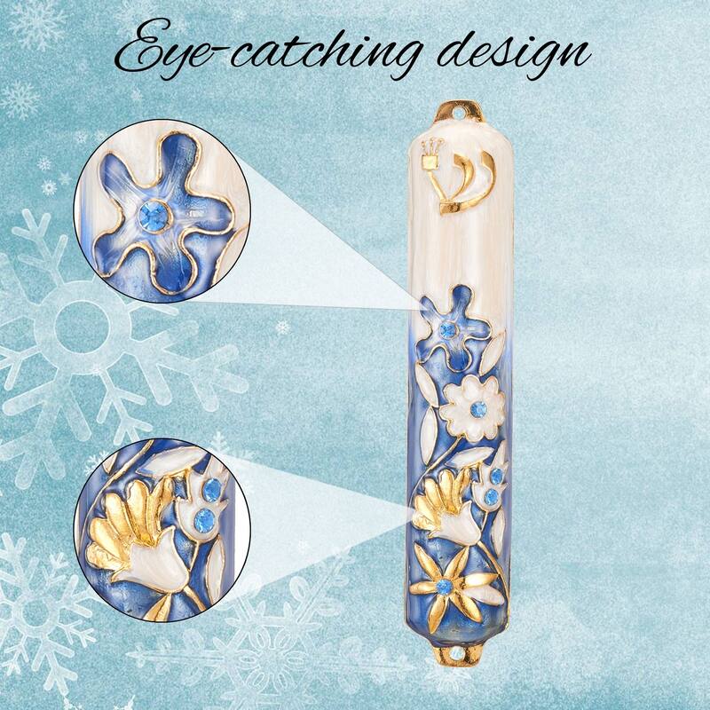 Matashi Hand Painted 5" Blue and Ivory Enamel Flower Mezuzah Embellished with Gold Accents and High Quality Crystals Home Decor