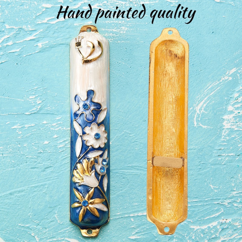 Matashi Hand Painted 5" Blue and Ivory Enamel Flower Mezuzah Embellished with Gold Accents and High Quality Crystals Home Decor