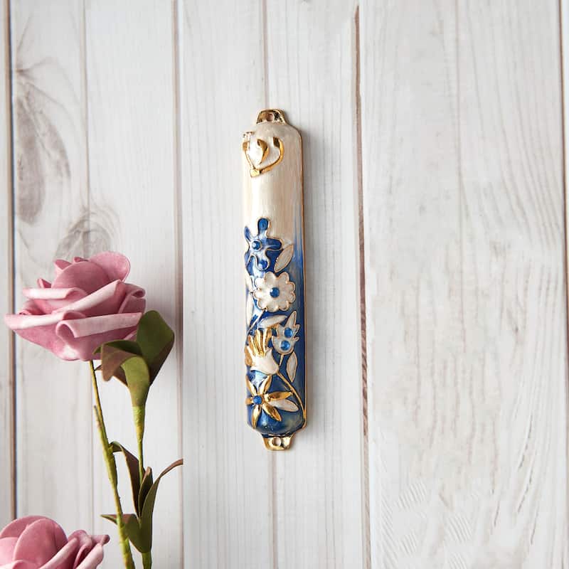 Matashi Hand Painted 5" Blue and Ivory Enamel Flower Mezuzah Embellished with Gold Accents and High Quality Crystals Home Decor