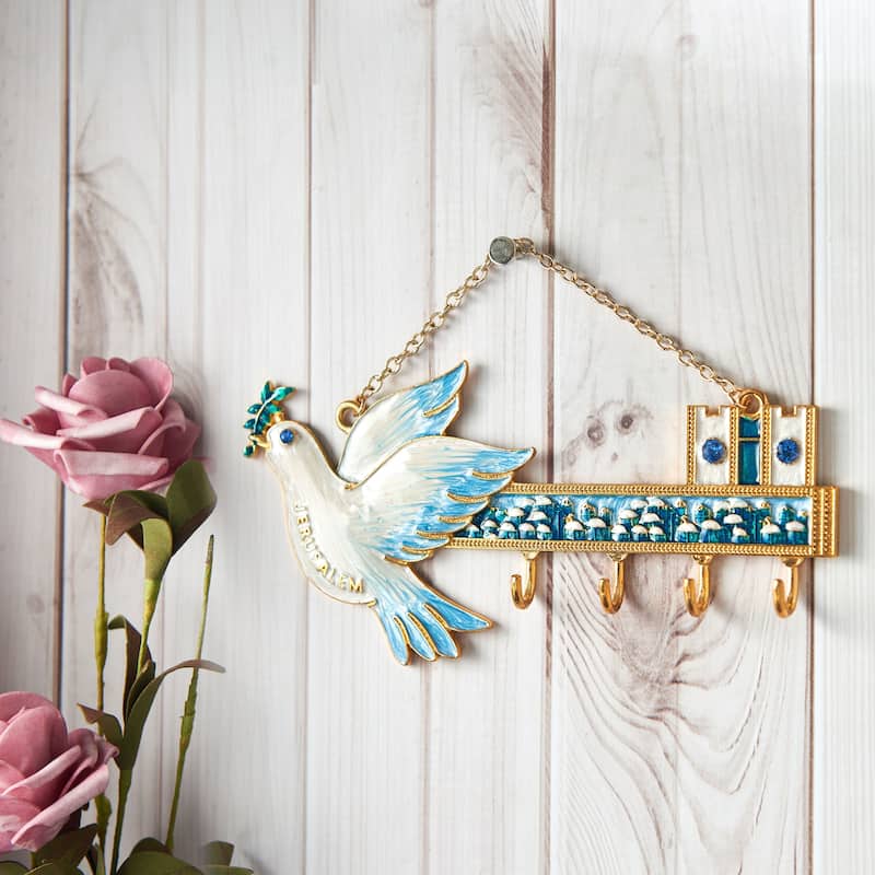 Matashi Hand-Painted Blue and Ivory Enamel Dove Jerusalem Cityscape Design Decorative Hanging Wall Hooks Entryway Bedroom Decor