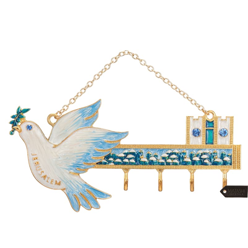 Matashi Hand-Painted Blue and Ivory Enamel Dove Jerusalem Cityscape Design Decorative Hanging Wall Hooks Entryway Bedroom Decor