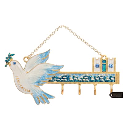 Matashi Hand-Painted Blue and Ivory Enamel Dove Jerusalem Cityscape Design Decorative Hanging Wall Hooks Entryway Bedroom Decor