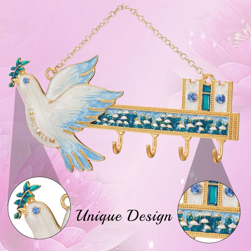 Matashi Hand-Painted Blue and Ivory Enamel Dove Jerusalem Cityscape Design Decorative Hanging Wall Hooks Entryway Bedroom Decor
