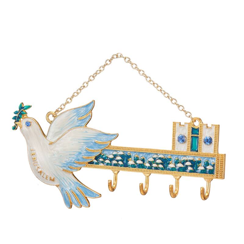 Matashi Hand-Painted Blue and Ivory Enamel Dove Jerusalem Cityscape Design Decorative Hanging Wall Hooks Entryway Bedroom Decor