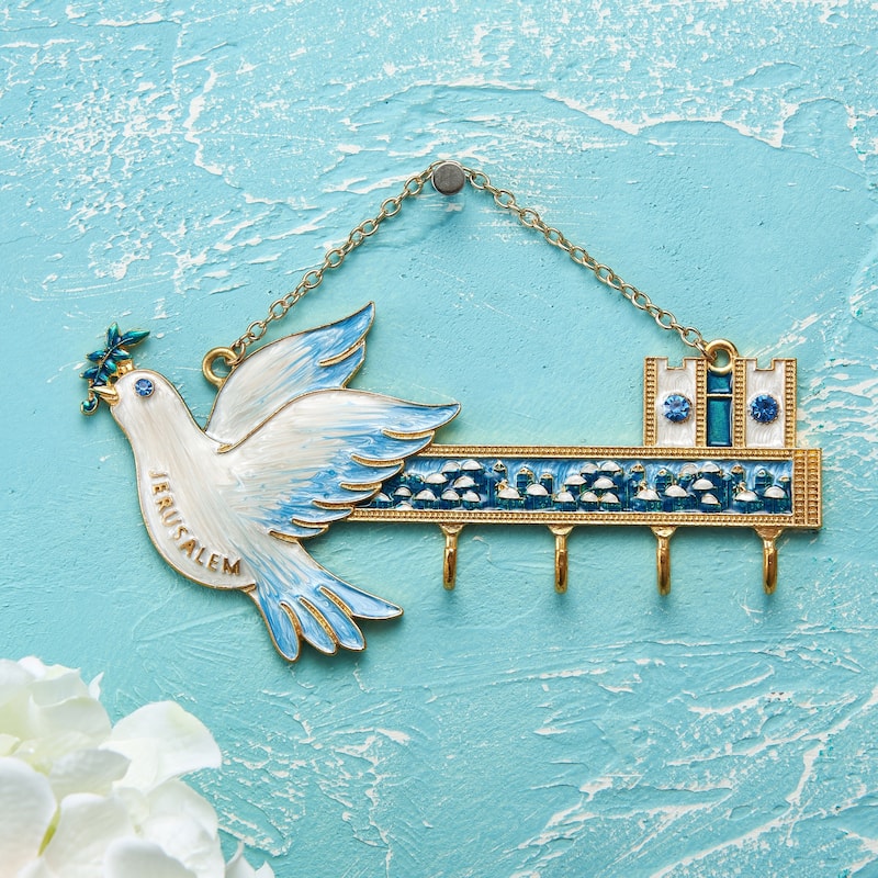 Matashi Hand-Painted Blue and Ivory Enamel Dove Jerusalem Cityscape Design Decorative Hanging Wall Hooks Entryway Bedroom Decor